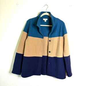 100% boiled wool Appleseed's jacket sweater sz S colorblock teal camel blue